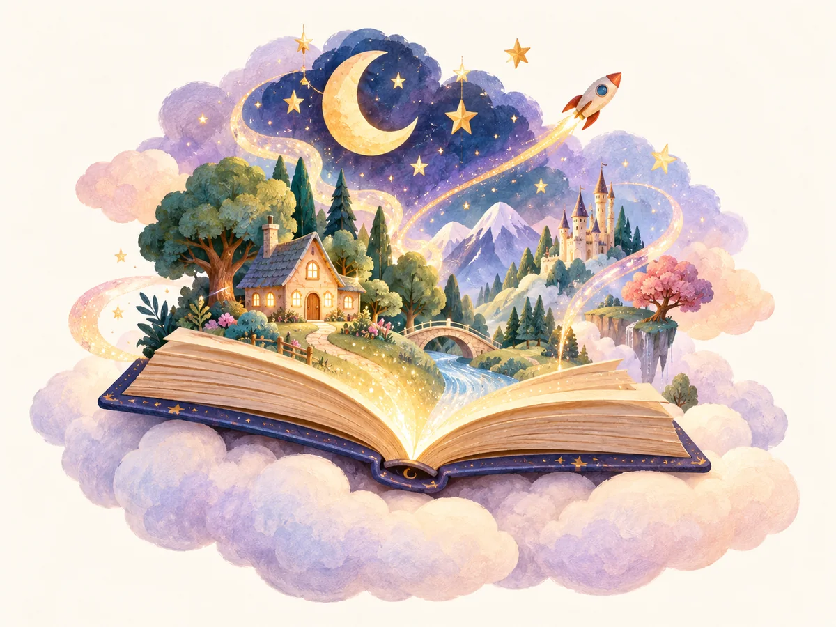 Livro aberto revelando uma floresta, um castelo, a lua e um foguete em um mundo mágico
